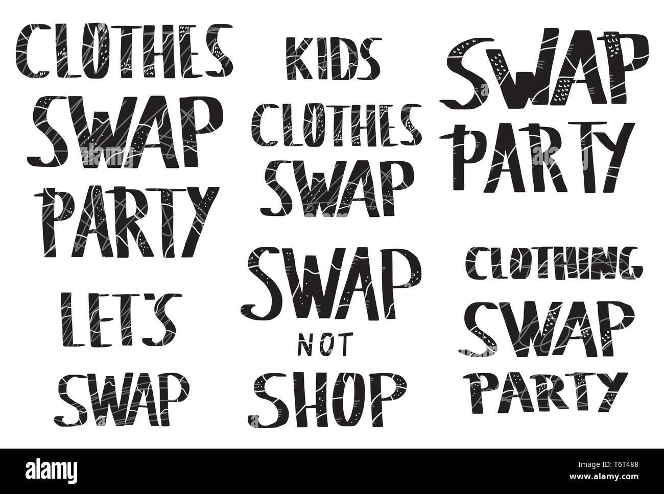 Swap lettering set. Collection of quotes for clothes exchange party. Handwritten phrases isolated on white background. Vector illustration. Stock Vector