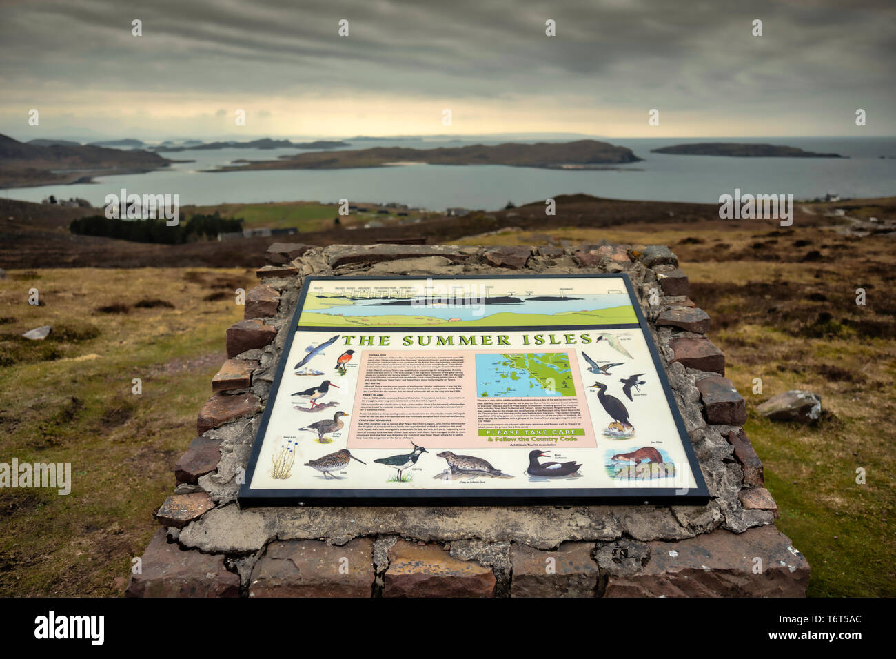 Coastal wildlife information sign, Brae of Achnahaird, west coast of Scotland. Stock Photo