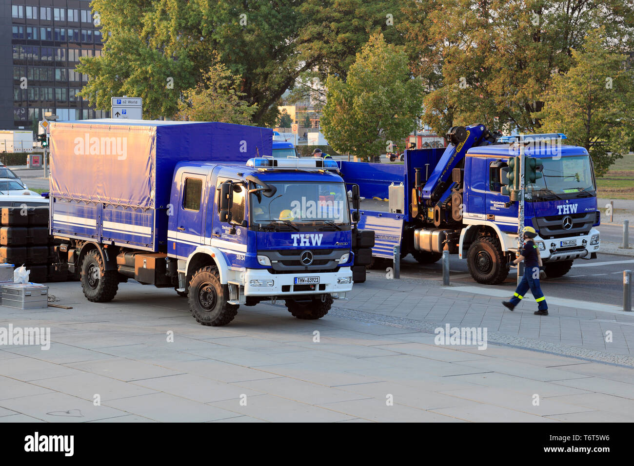 THW, Technisches Hilfswerk, German civil Protection organisation, trucks during disaster contol exercise. Stock Photo