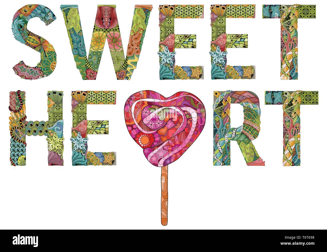 Hand-painted art design. Hand drawn illustration word SWEEET HEART with lollipop for t-shirt and other decoration Stock Vector