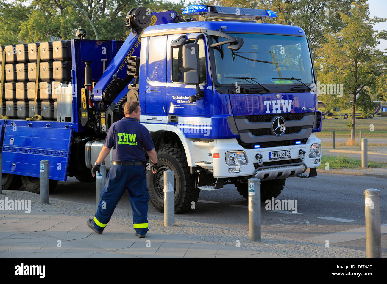 THW, Technisches Hilfswerk, German civil Protection organisation, trucks during disaster contol exercise. Stock Photo