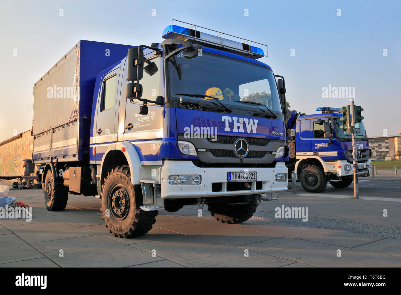 THW, Technisches Hilfswerk, German civil Protection organisation, trucks during disaster contol exercise. Stock Photo