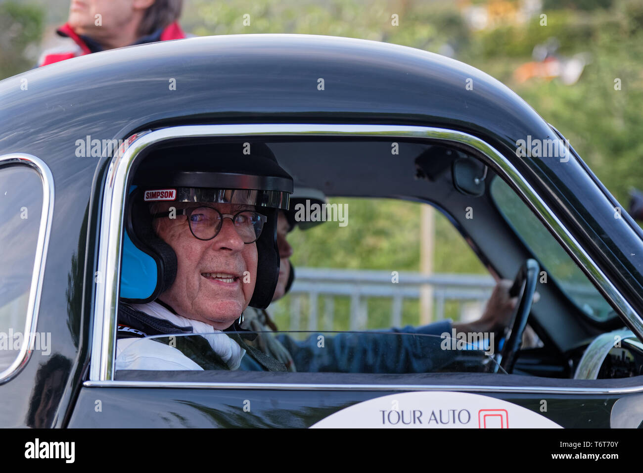 MARCHAMPT, FRANCE, May 1, 2019 : Tour de France Automobile, born in 1899, was a unique event, with a mix of open road, classic race track and uphill.  Stock Photo