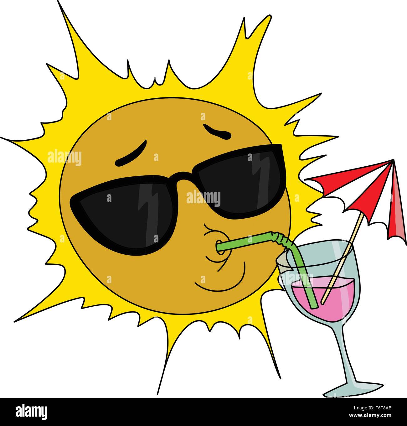 Cartoon sun mascot wearing sun glasses and drinking cocktail vector illustration Stock Vector