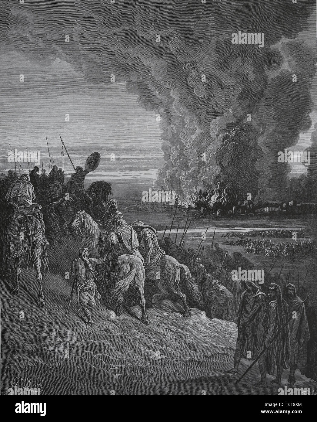 Bible. Book of Joshua. Joshua burns the Town of Ai. Conquest of Canaan. Engraving by Gustave Dore, 1866 Stock Photo