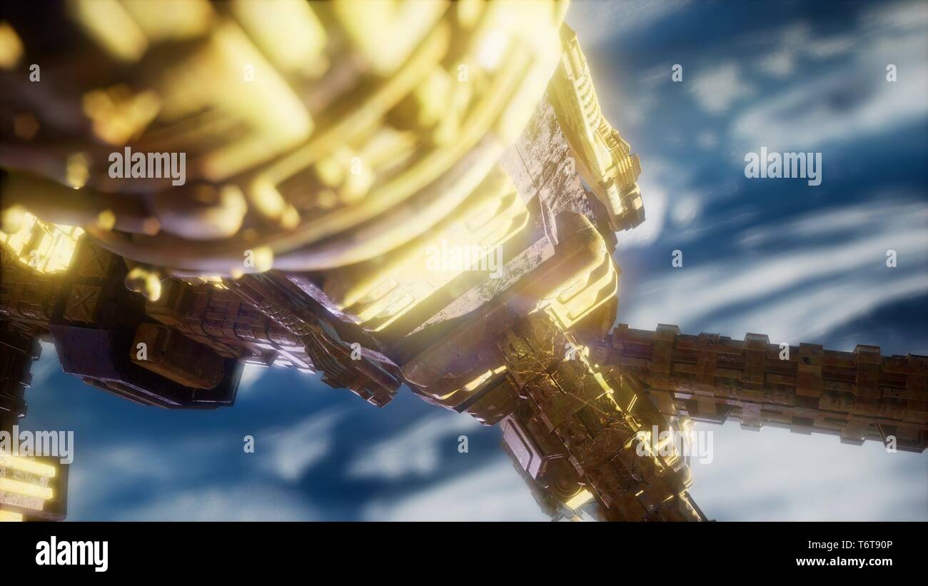 Highly detailed huge spaceship approaching to the Earth. Stock Photo