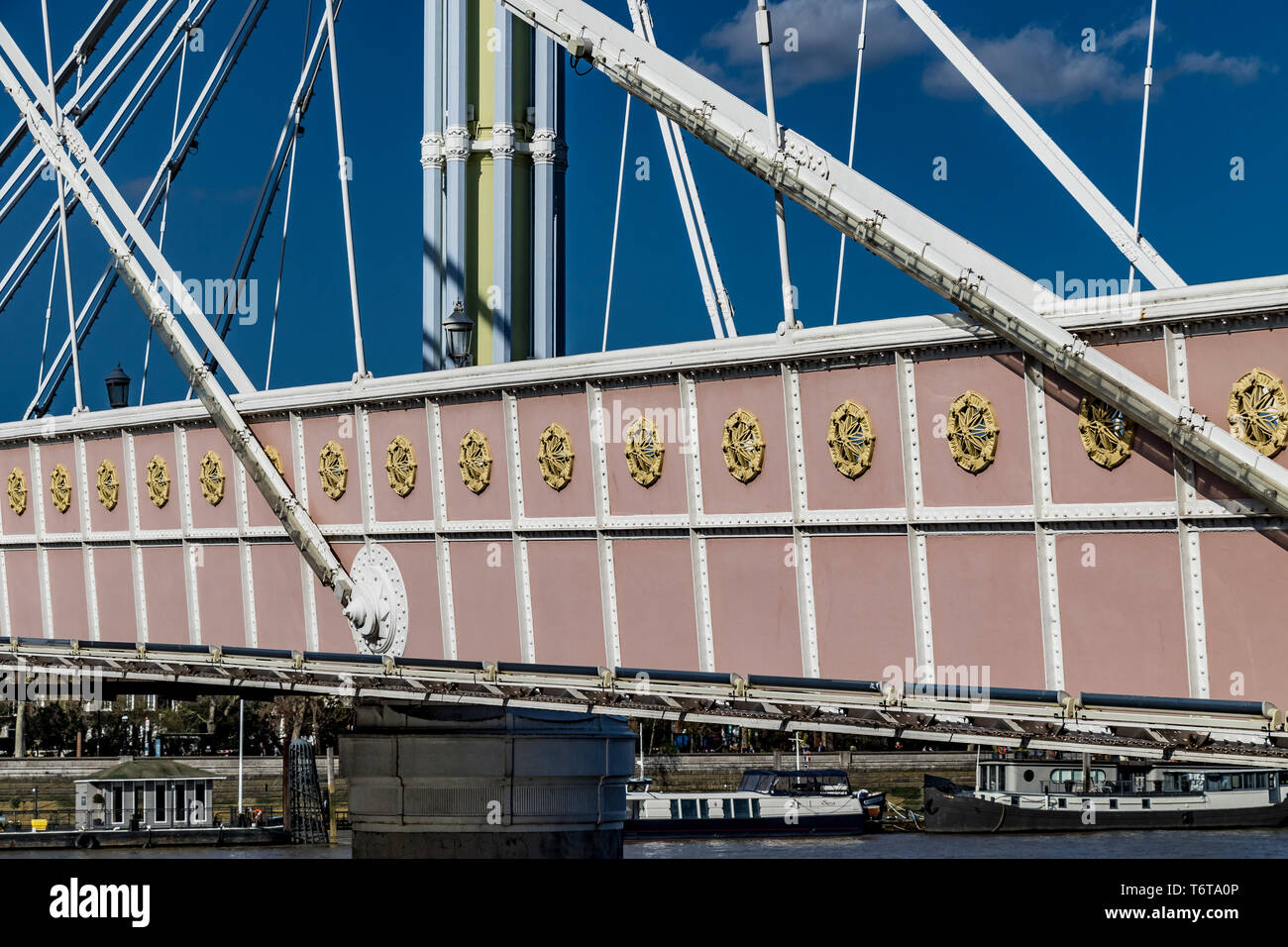 Close up of  the main crossing platform of the Albert Bridge, Chelsea ,which crosses the River Thames between Battersea and Chelsea, London, UK Stock Photo