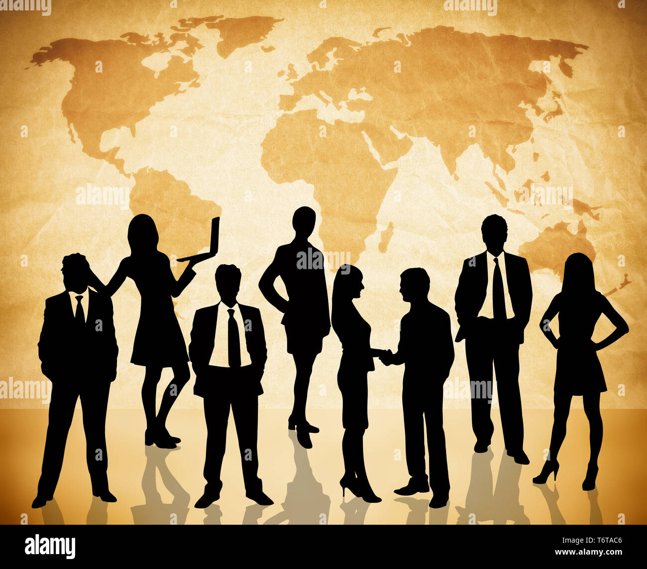 global business concept with lots of business people on world map texture  Map used on to trace  http://www.lib.utexas.edu/maps/world_maps/time_95.jpg Stock Photo