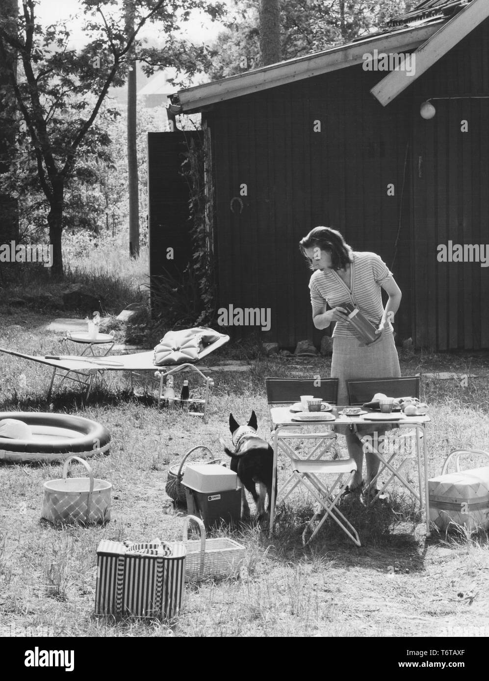Camping in the 1960s. When camping in the 1960s plastic cups and other camping equipment were sometimes packed and transported in special cases. Pictured a practical such and a woman setting the table for a meal in the nature. The chairs and the table are typical camping folding ones, that could easily be stored and transported, not to take up too much room in the trunk of the car. Every visible object in the picture represents the 1960s decade. Both in material and design. Sweden 1963 Stock Photo