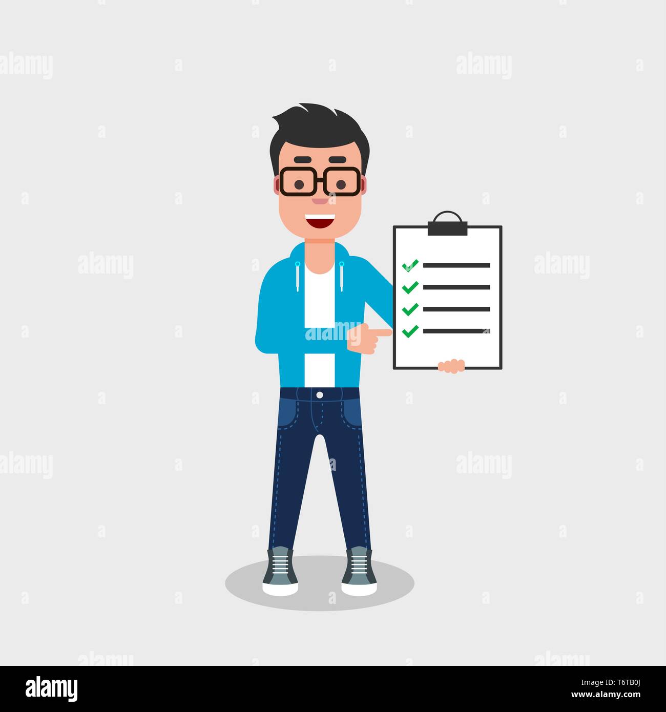 Young man showing successfully completed checklist. Happy smiling character,casually dressed,finger pointing at fulfilled tasks.Completed job. Vector Stock Vector