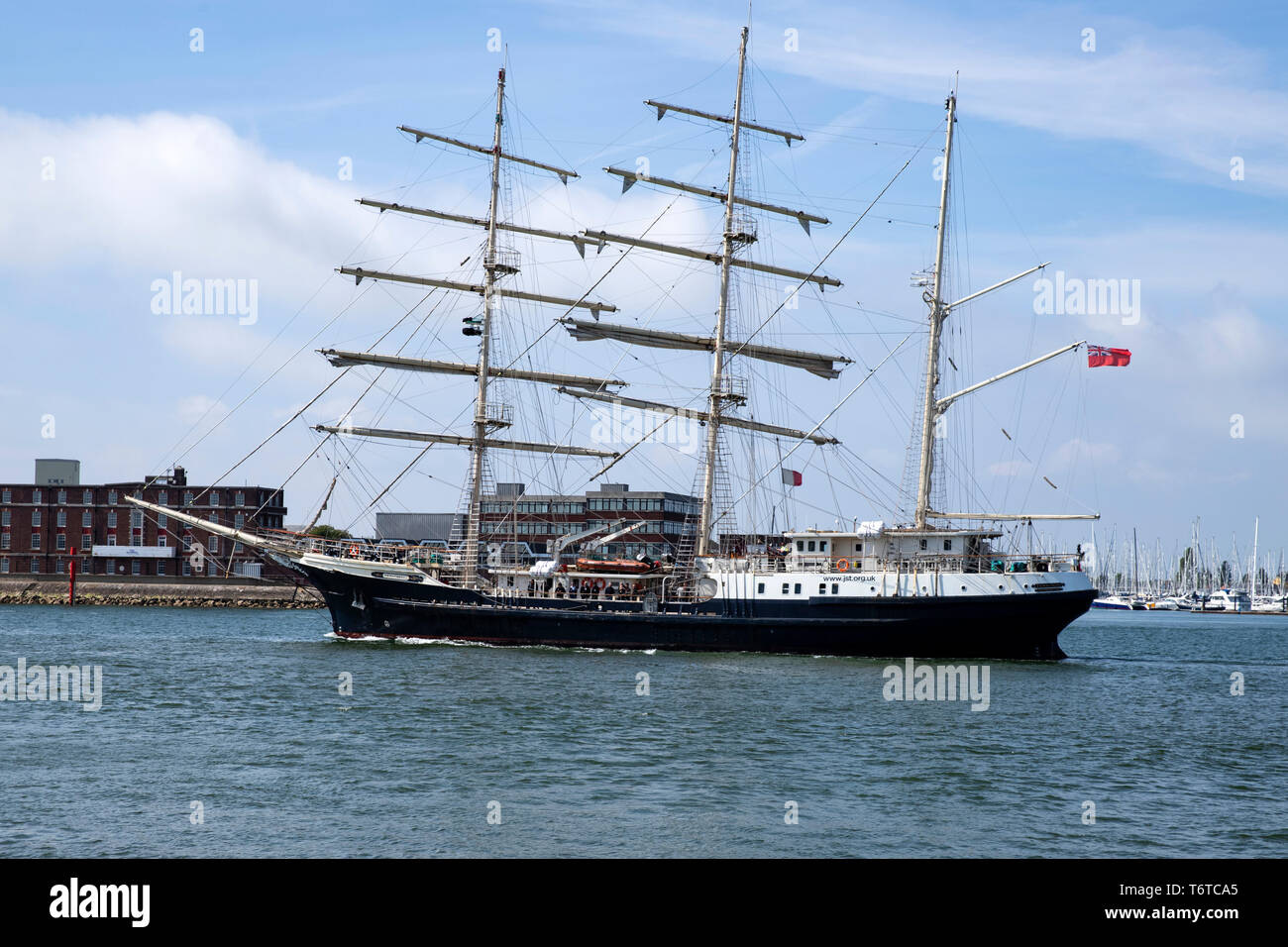 Jubilee Sailing Trust training ship SV Tenacious leaving Portsmouth on 30 April 2019 Stock Photo