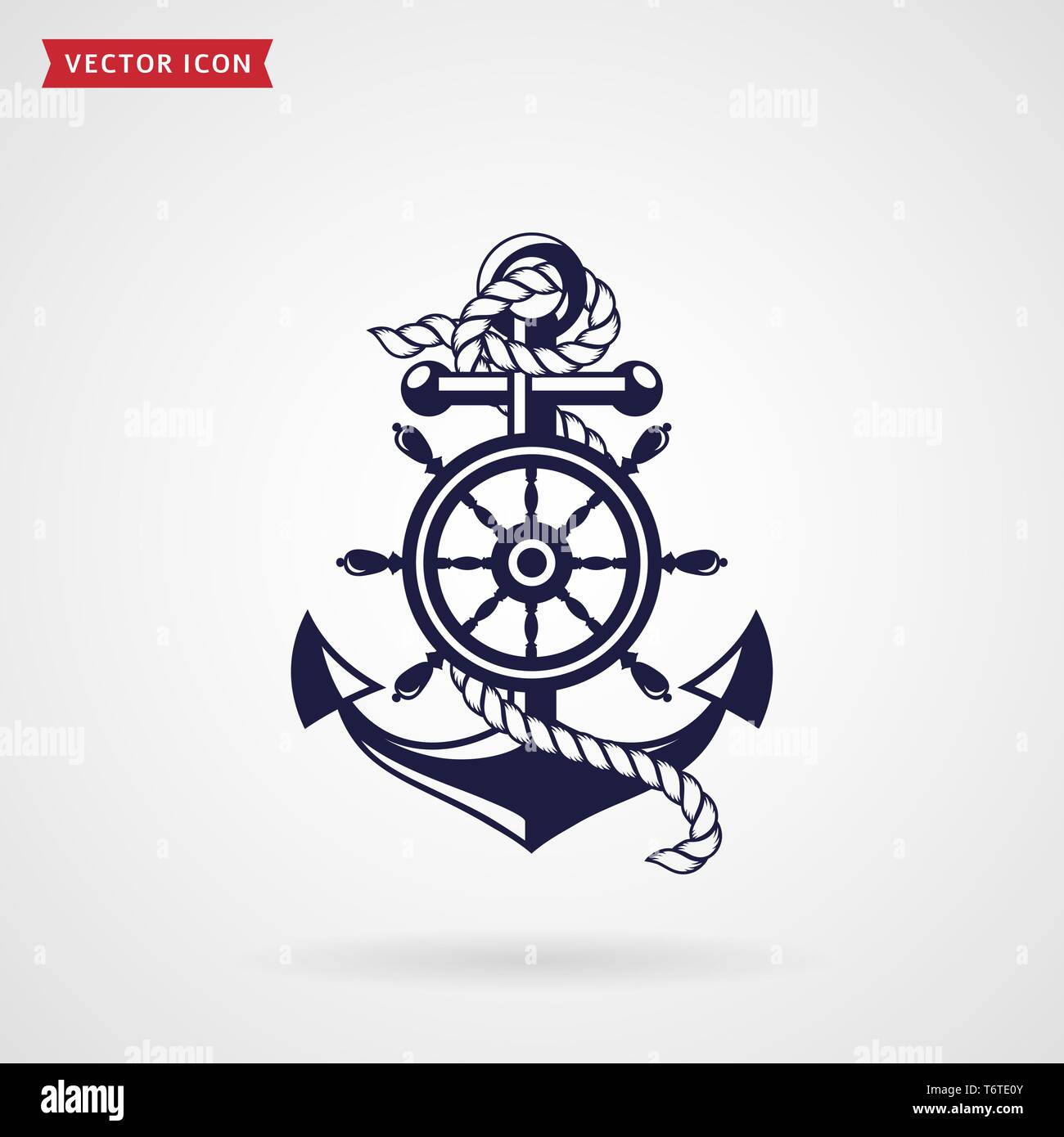 Anchor with a rope and a steering wheel. Icon isolated on white background. Sea travel and nautical themes. Vector design element. Stock Vector