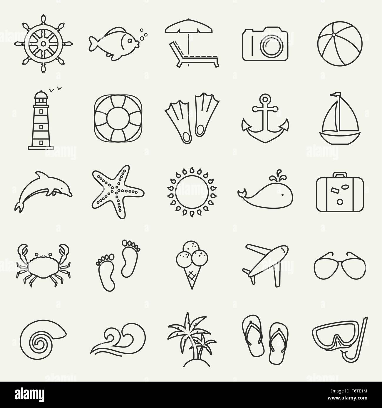 Set of sea, and beach and seaside resort line icons. Collection of outline black symbols isolated on white background. Vector. Stock Vector