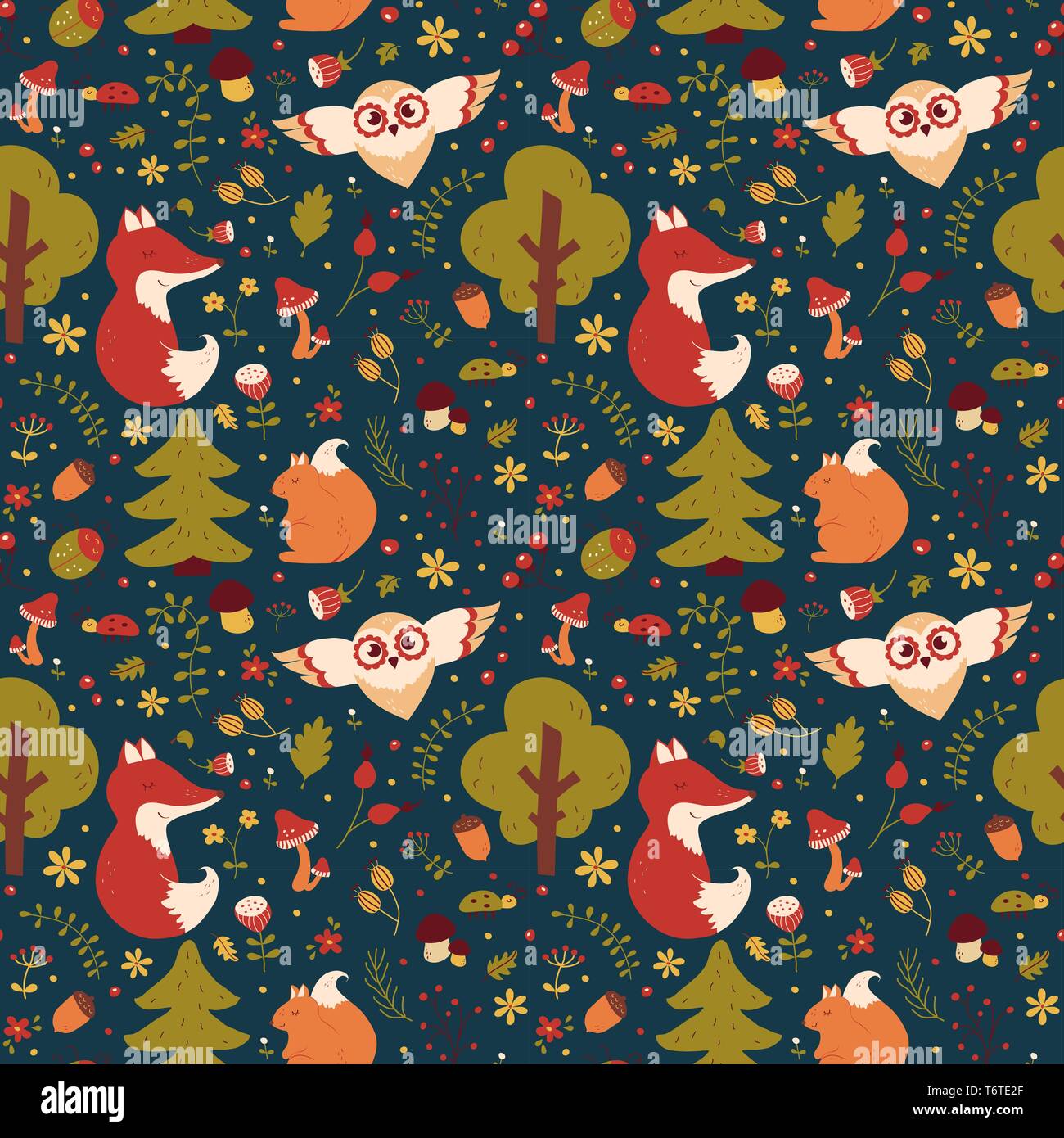 Forest seamless pattern with hand drawn animals, flowers and plants. Cute nature textile in blue, green, red, orange and white colors. Vector backgrou Stock Vector