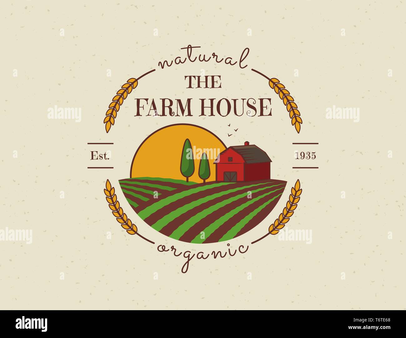 Farm House concept logo. Colored template with farm landscape. Label in retro style for natural and organic products. Vector illustration. Stock Vector