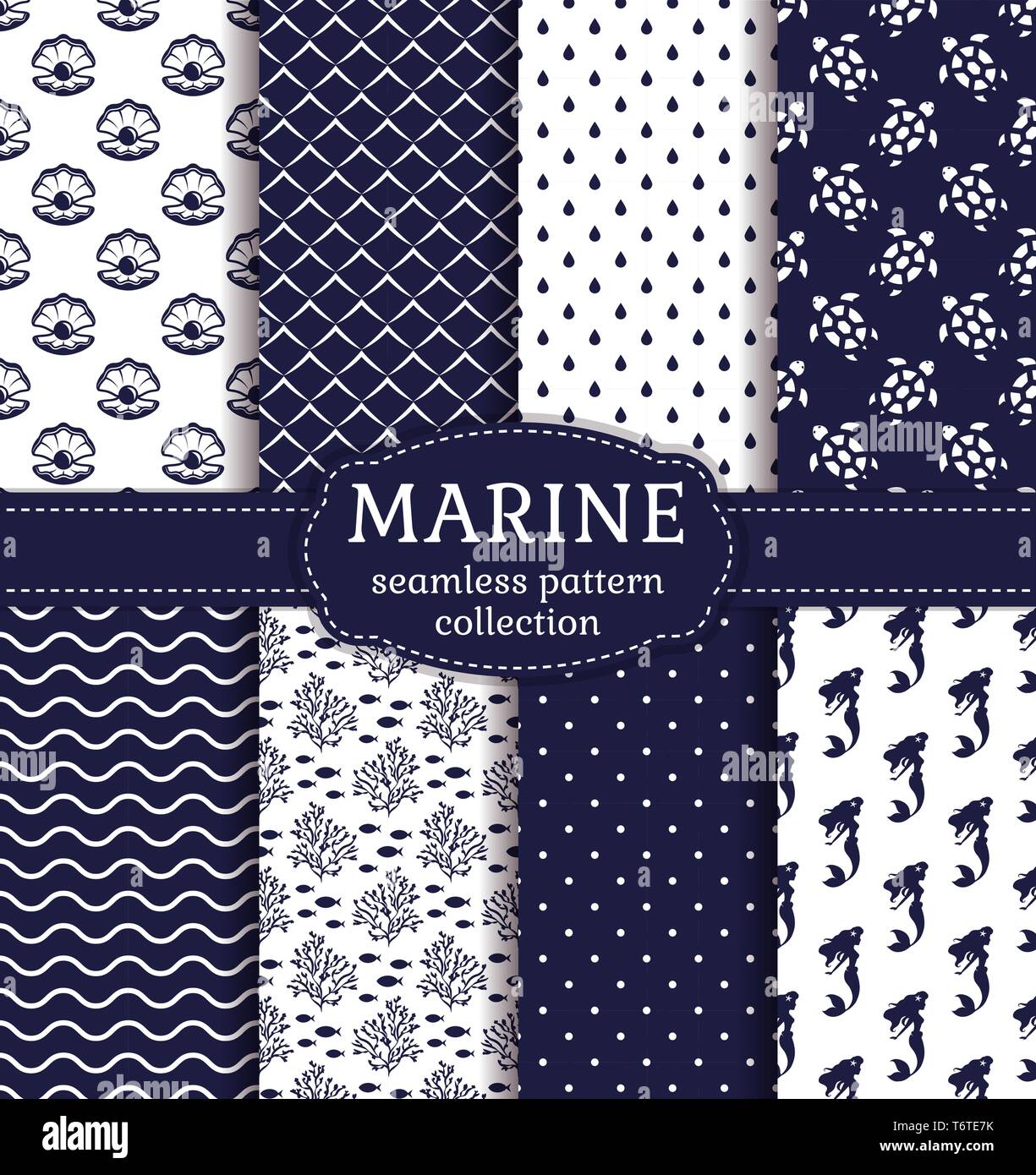 Set of marine and nautical backgrounds in navy blue and white colors. Sea theme. Cute seamless patterns collection. Vector illustration. Stock Vector