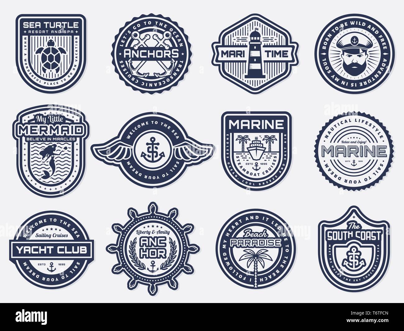 Nautical emblems with anchors, steering wheel, lighthouse. Sea cruise, yachting, travel, beach resort themes. Vintage badges, patches and labels. Stock Vector