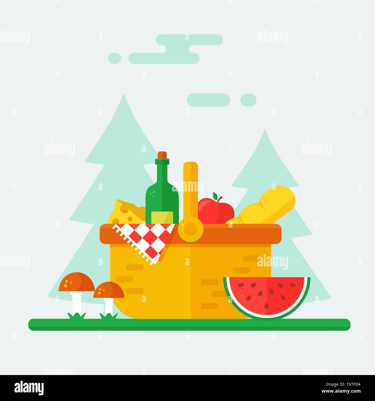 Summer picnic in nature vector banner. Basket full of food with wine, cheese, bread, apple, watermelon and checkered blanket. Modern flat illustration Stock Vector