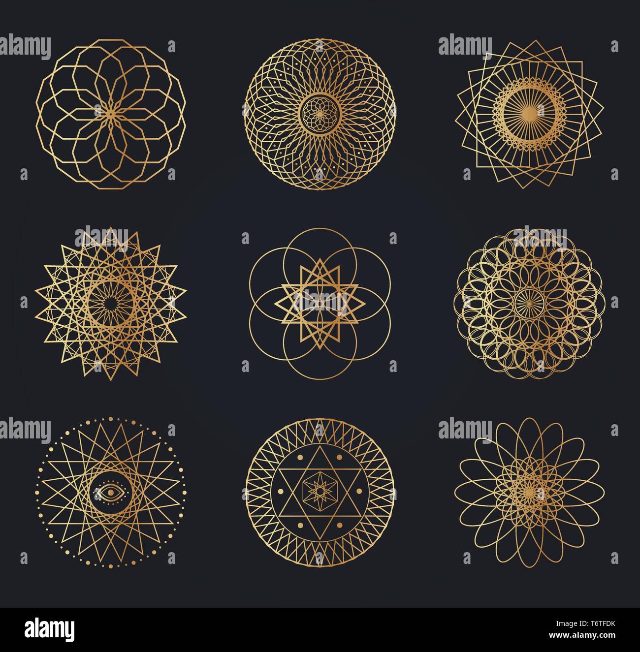 Sacred geometry symbols. Set of vector design elements isolated on black background. Stock Vector