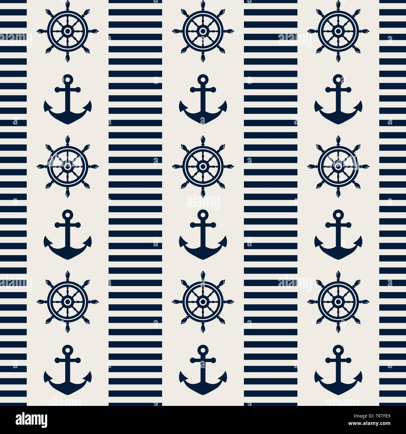Nautical seamless pattern with steering wheels and anchors. Vector illustration. Stock Vector
