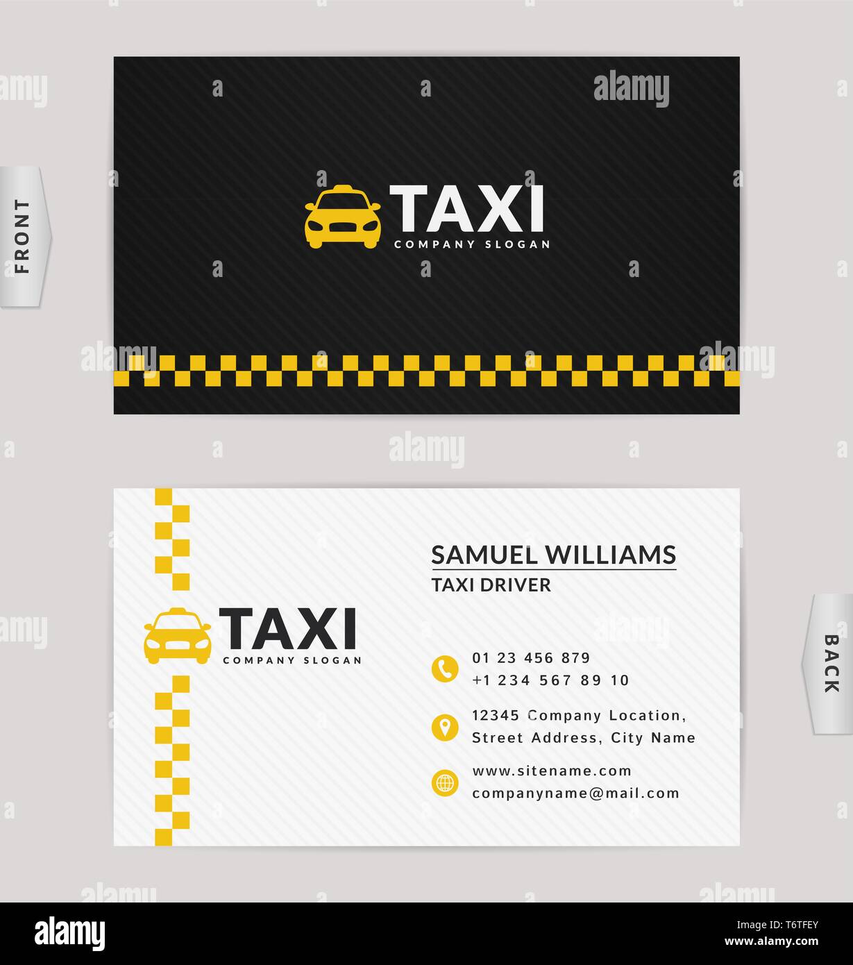 Business card design in black, white and yellow colors. Vector template for taxi company and