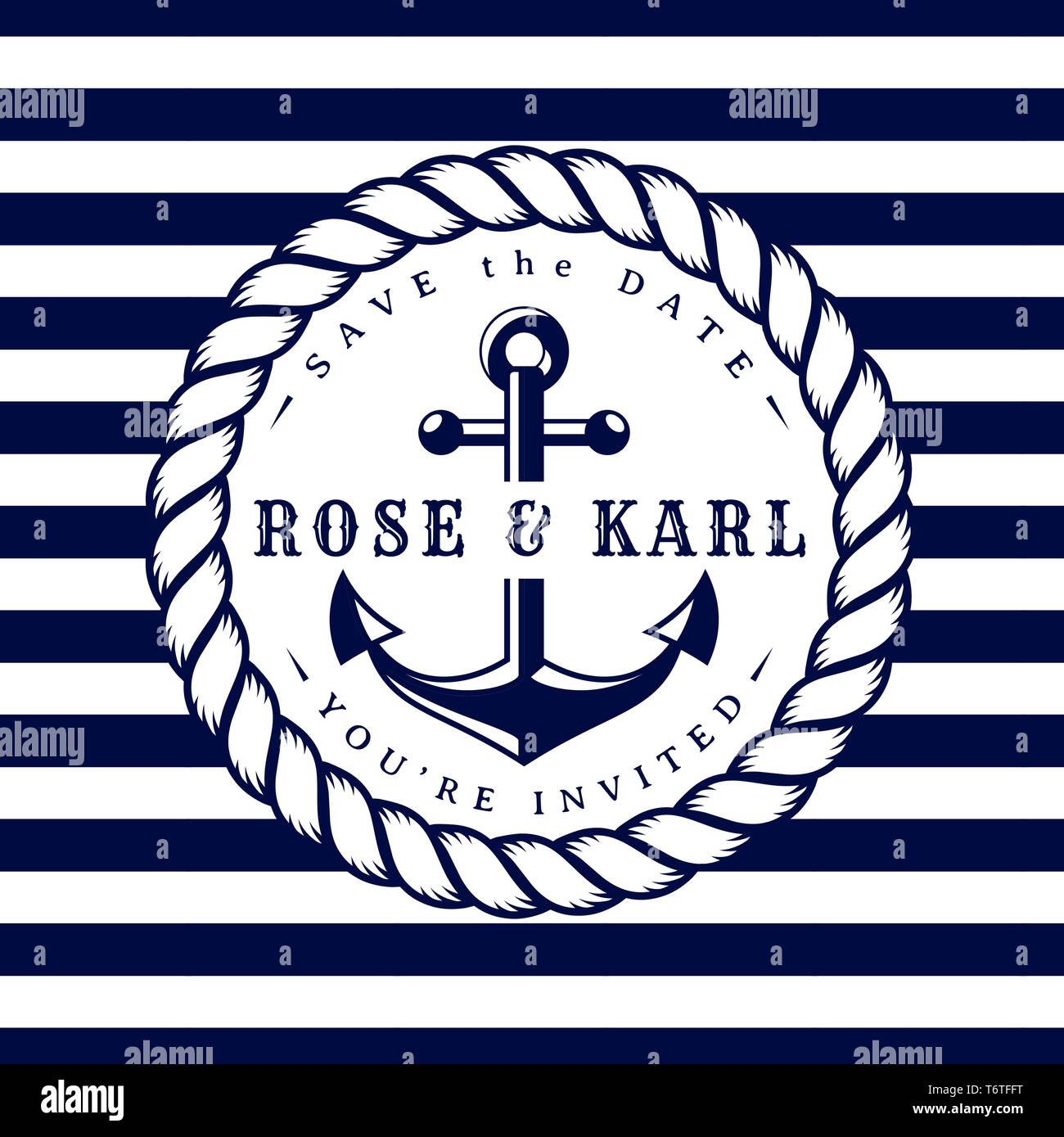 Nautical wedding invitation card. Sea theme wedding party. Elegant template with anchor, rope and stripes. Vector illustration in white and dark blue  Stock Vector