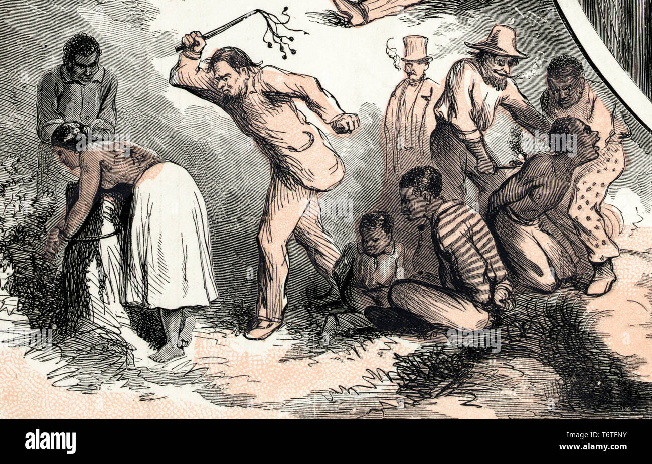 A female slave is whipped and a male slave branded. Detail from the Emancipation, end of the slave trade print by Thomas Nast (artist) & King & Baird (engraver), 1865 Stock Photo