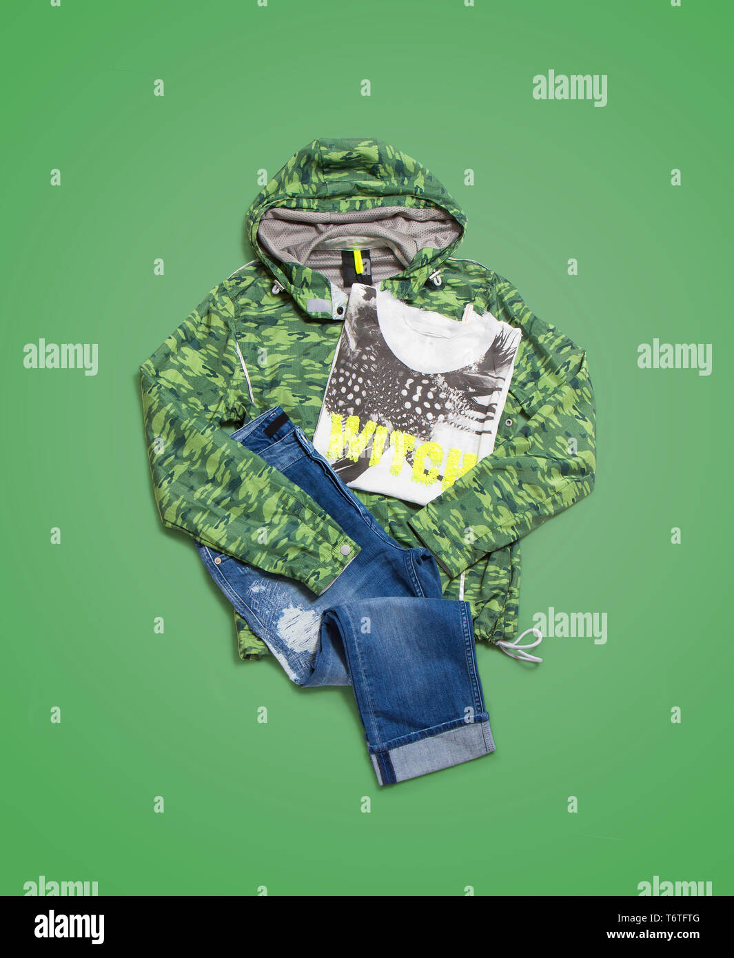 Men's casual clothes on green background Stock Photo
