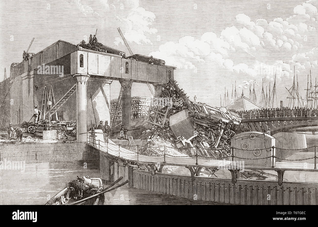 Scene of the railway accident of a coal train at the entrance to North Dock, Swansea, Wales due to a signaller error, 1865.  From The Illustrated London News, published 1865. Stock Photo