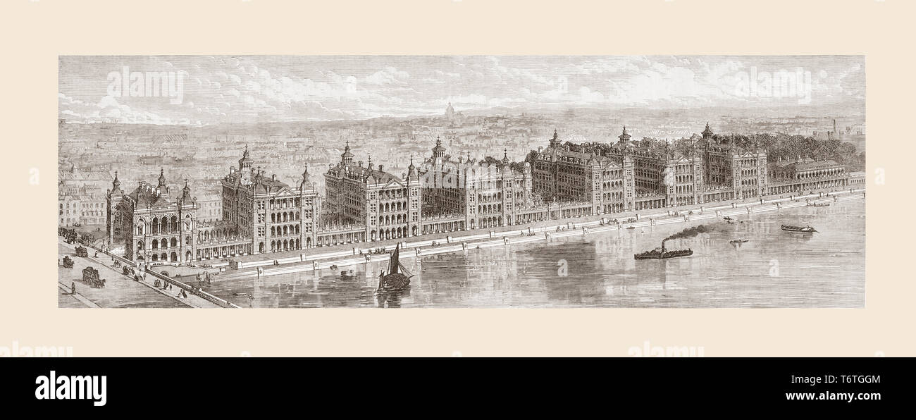 The proposed buildings of St. Thomas's Hospital, Stangate, Lambeth, London, England.  Completed finally in 1871 the hospital was one of the first to adopt the 'pavilion principle' – popularised by Florence Nightingale,  by having six separate ward buildings at right angles to the river frontage set 125 feet apart and linked by low corridors.  From The Illustrated London News, published 1865. Stock Photo