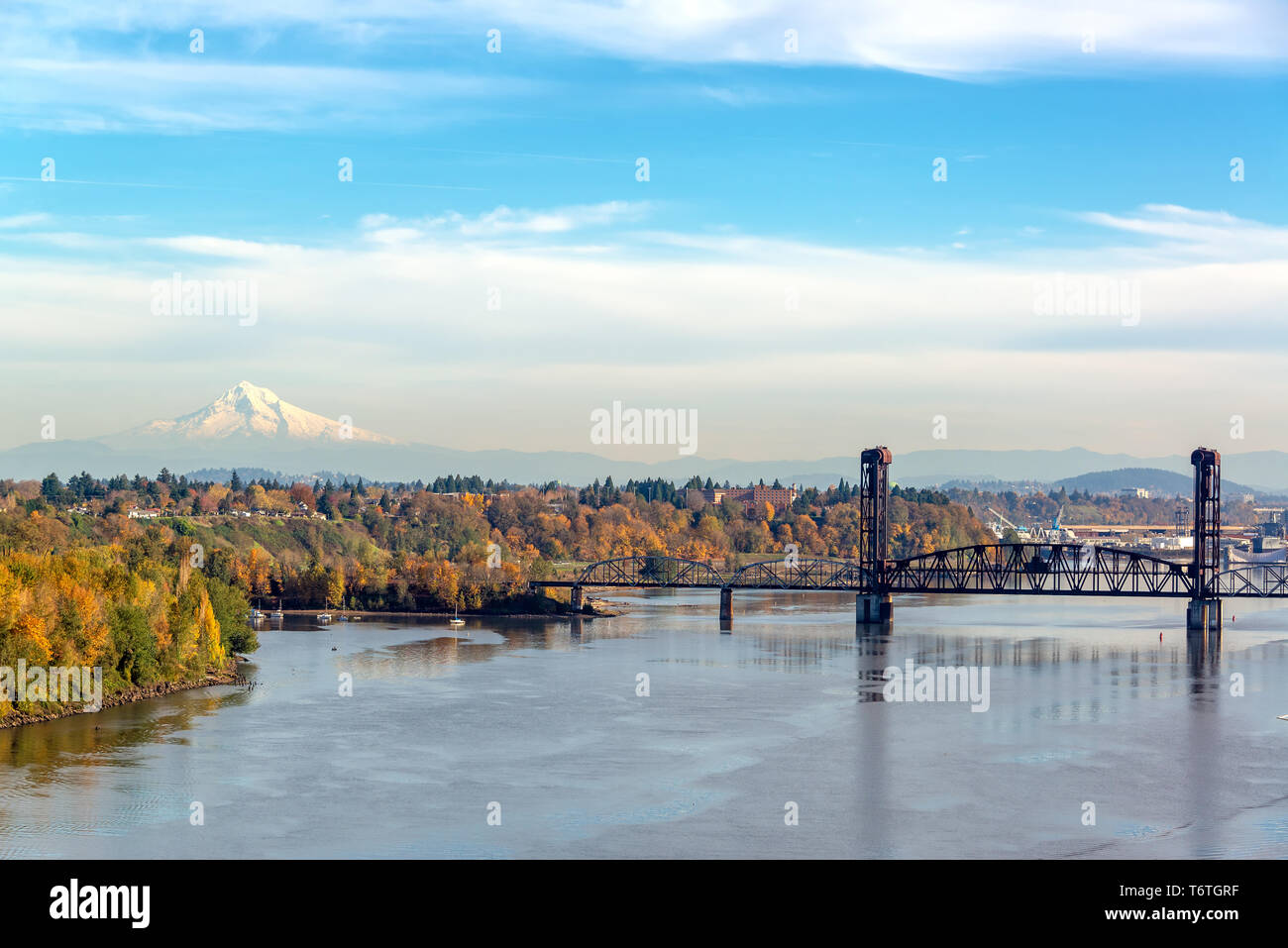 Burlington Northern Railroad Bridge and Mt. Hood seen from Portland, Oregon Stock Photo