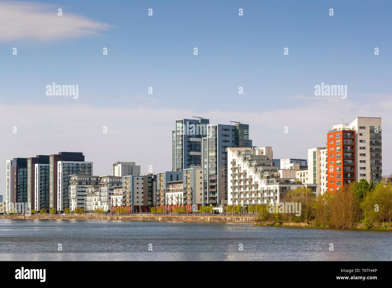 City skyline of Partick housing overlooking the River Clyde, Glasgow