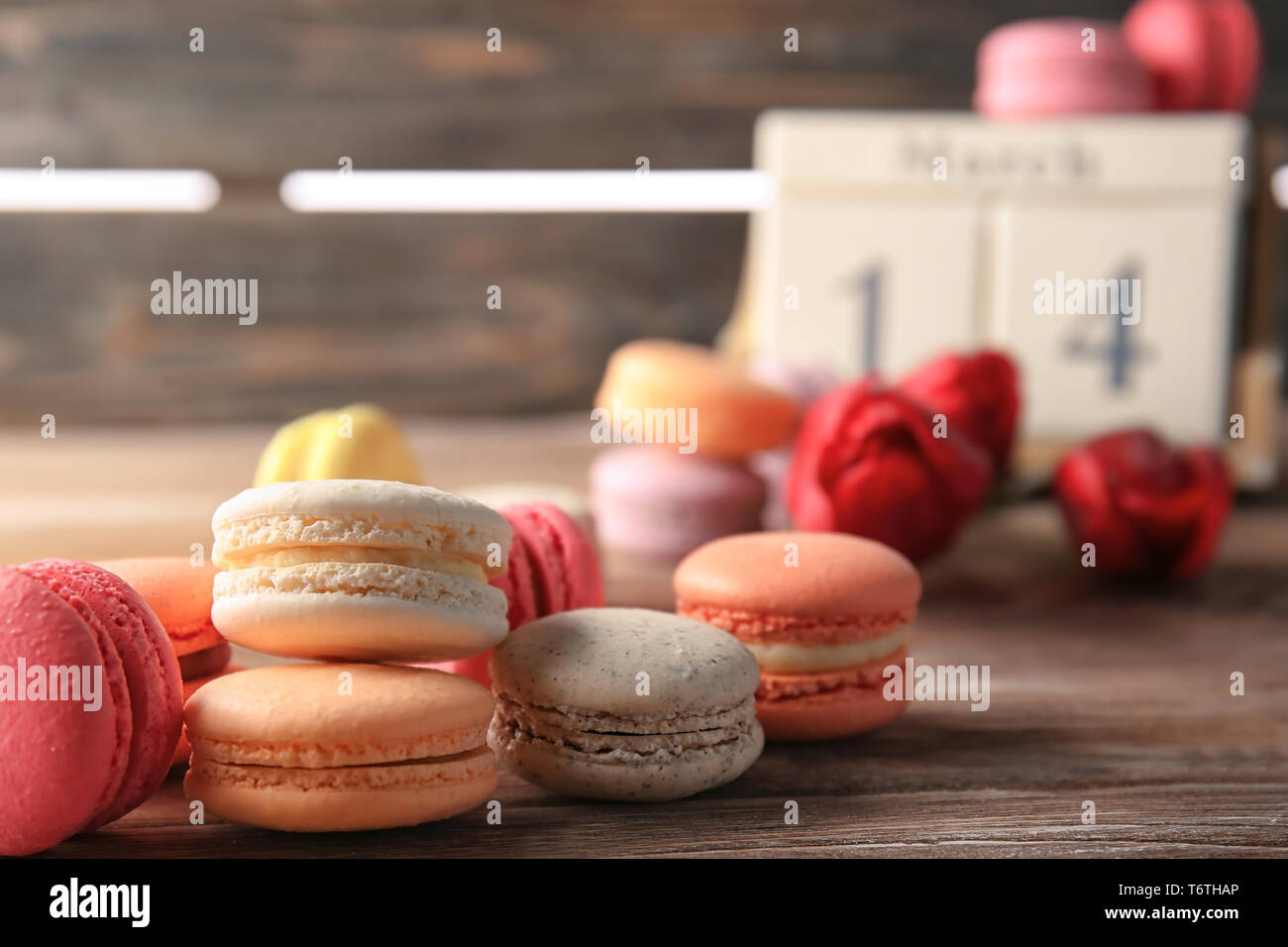 Colorful macarons on table, closeup Stock Photo