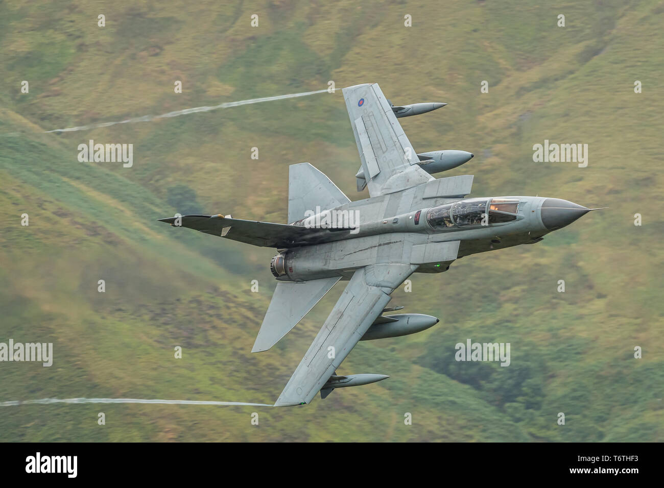 RAF Tornado GR4 doing Low Level tactical training through Snowdonia, Wales Stock Photo