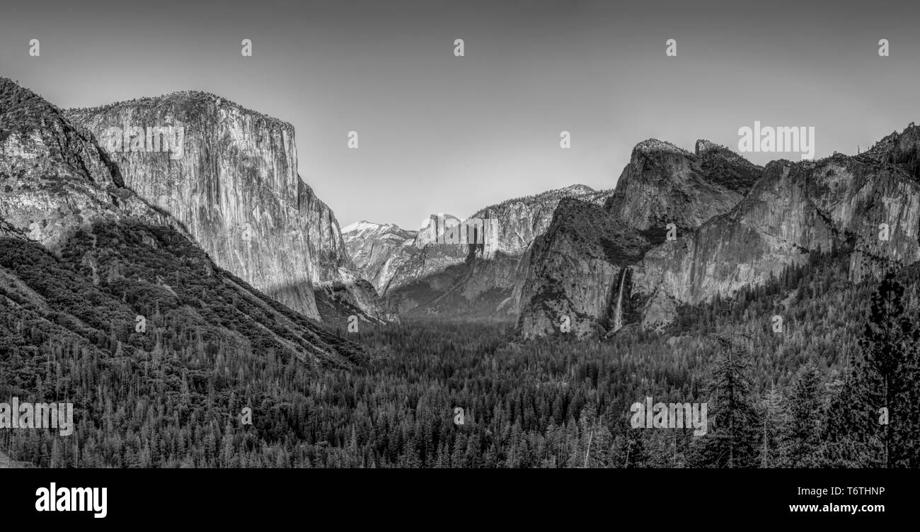 HDR panorama of Yosemite Valley in black and white. Stock Photo