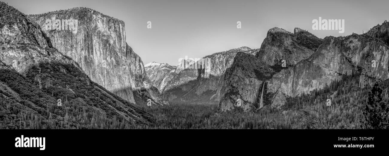 HDR panorama of Yosemite Valley in black and white. Stock Photo
