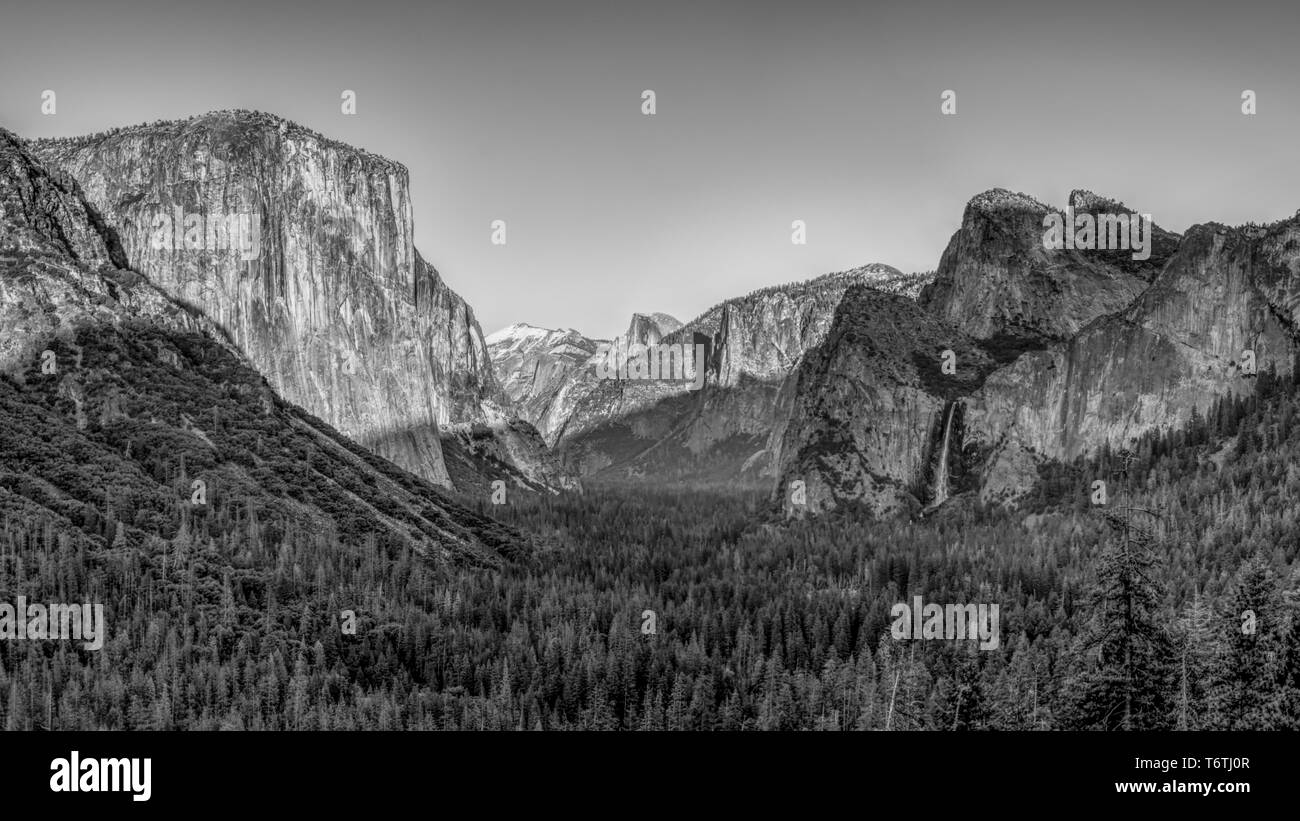 HDR panorama of Yosemite Valley in black and white. Stock Photo