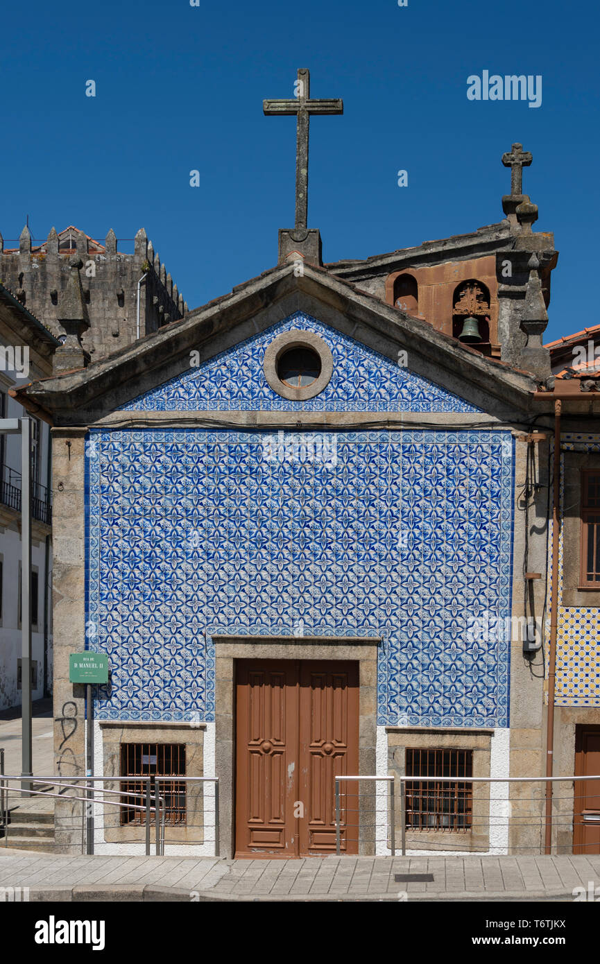 Traditional blue and white tiled chapel in Porto, Portugal Stock Photo