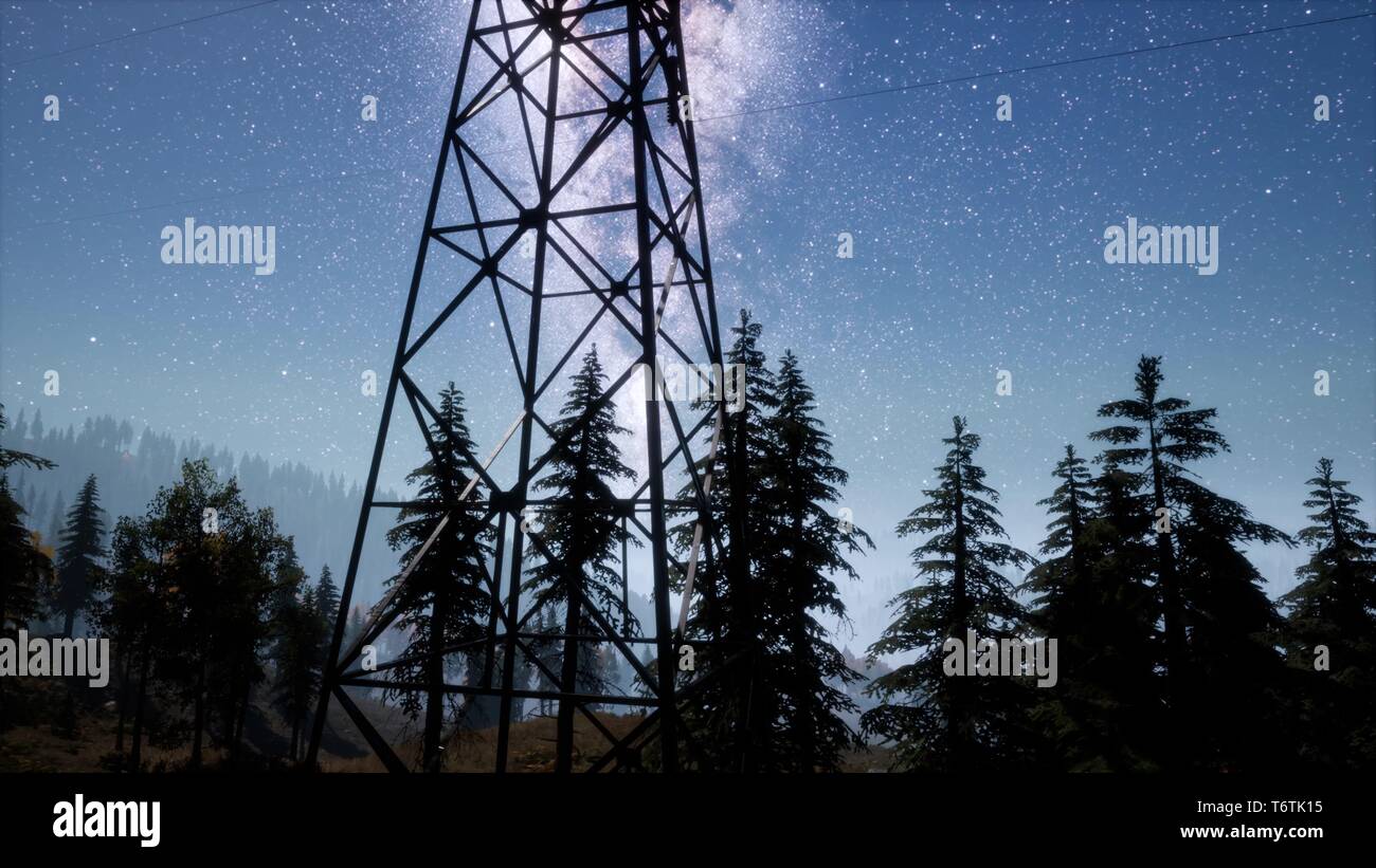 High-voltage power lines on the background of the starry sky Stock ...