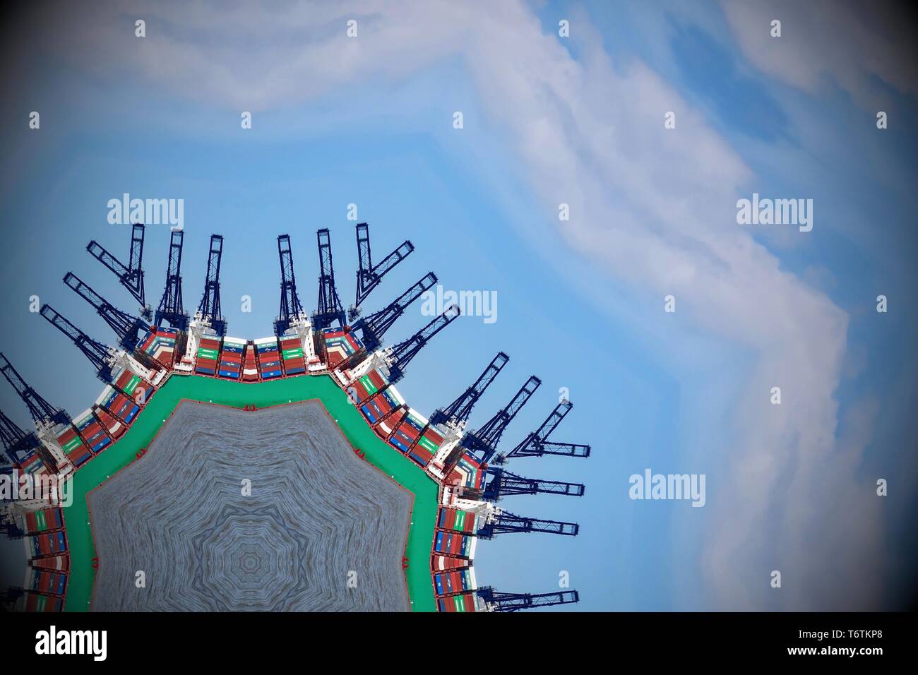 Abstract image created with a kaleidoscope filter. Shipping containers