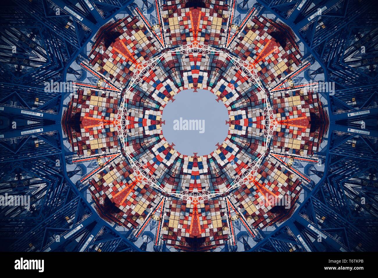 Abstract image created with a kaleidoscope filter. Shipping containers