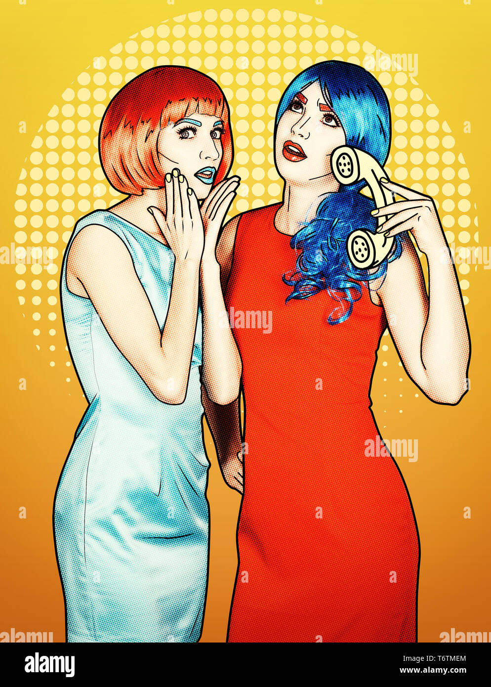 Portrait of young women in comic pop art make-up style. Females in red and blue wigs call on the phone Stock Photo