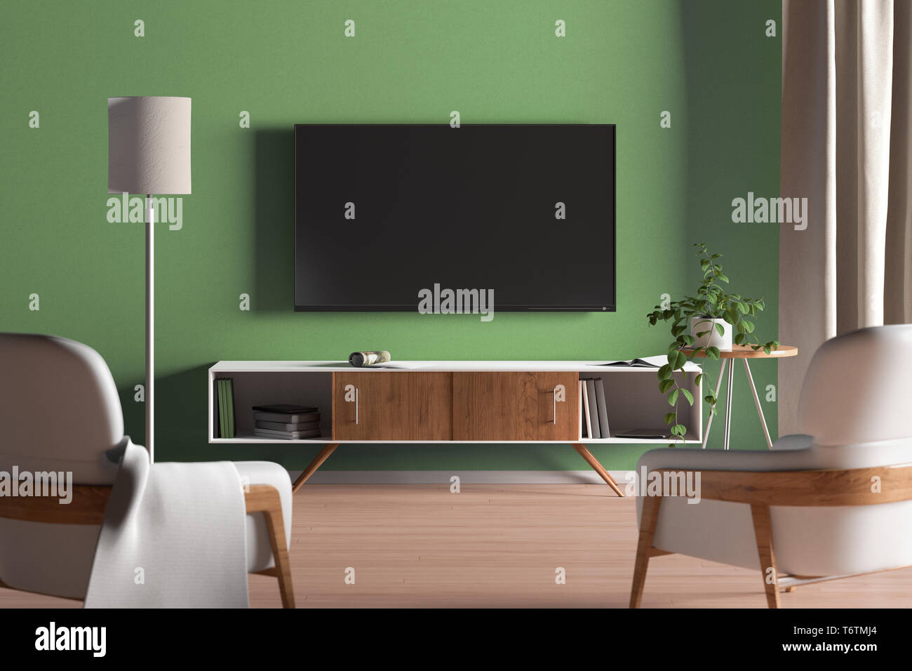 TV screen on green wall above the TV cabinet in modern living room  background. 3d illustration Stock Photo - Alamy