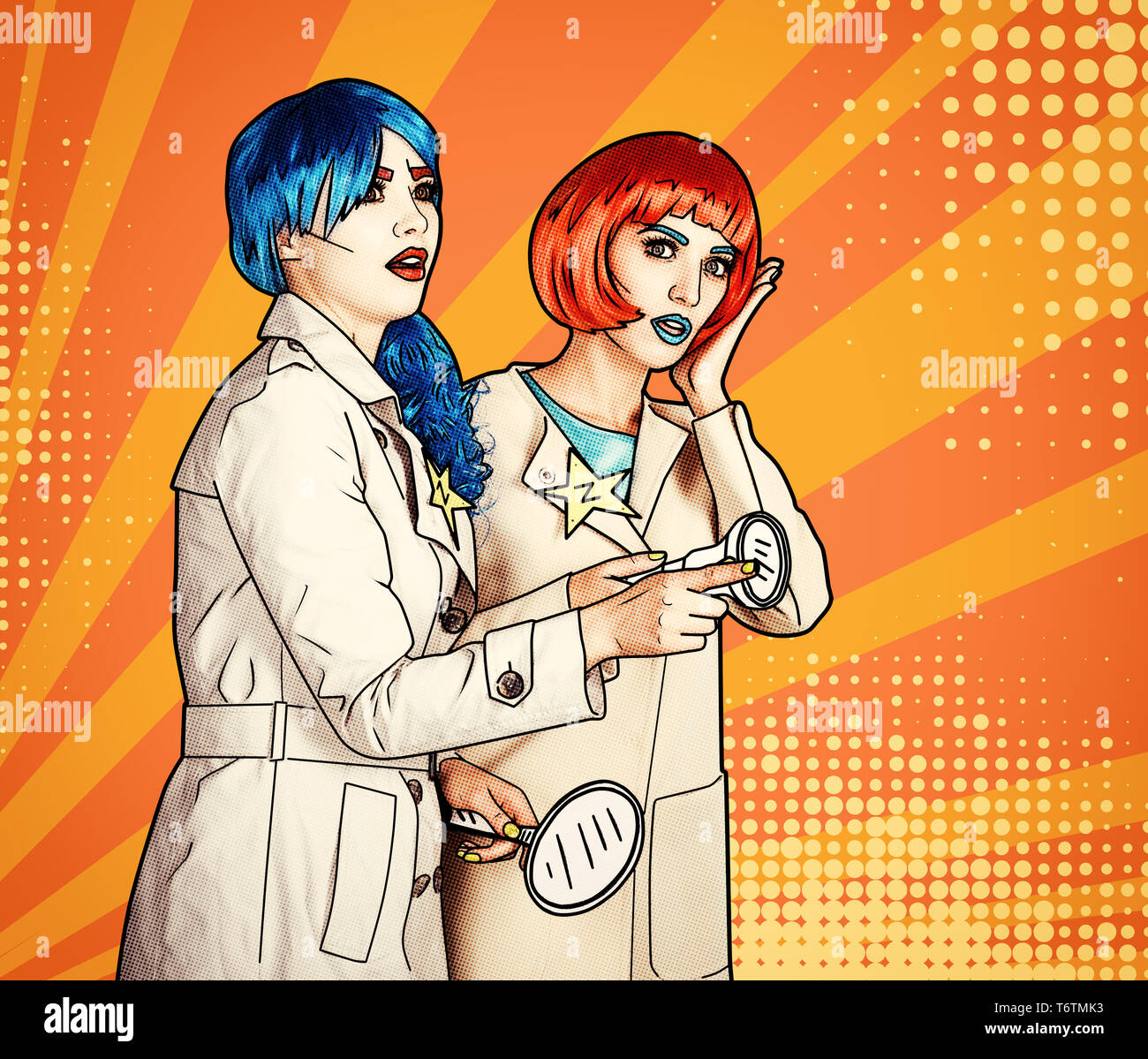 Female detectives investigate a crime. Young women in comic pop art make-up style. Stock Photo