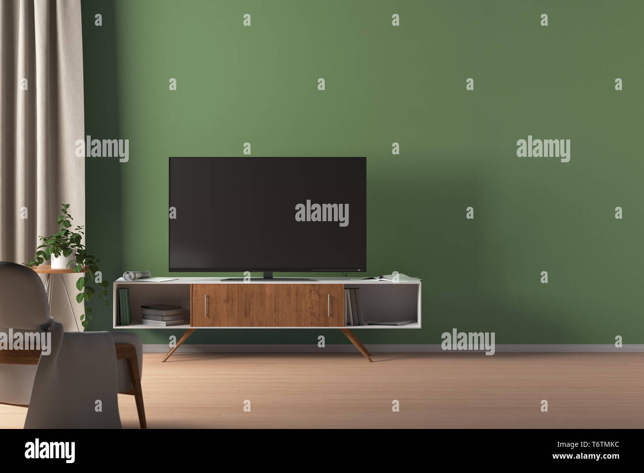 TV on the cabinet in modern living room on green wall background Stock ...