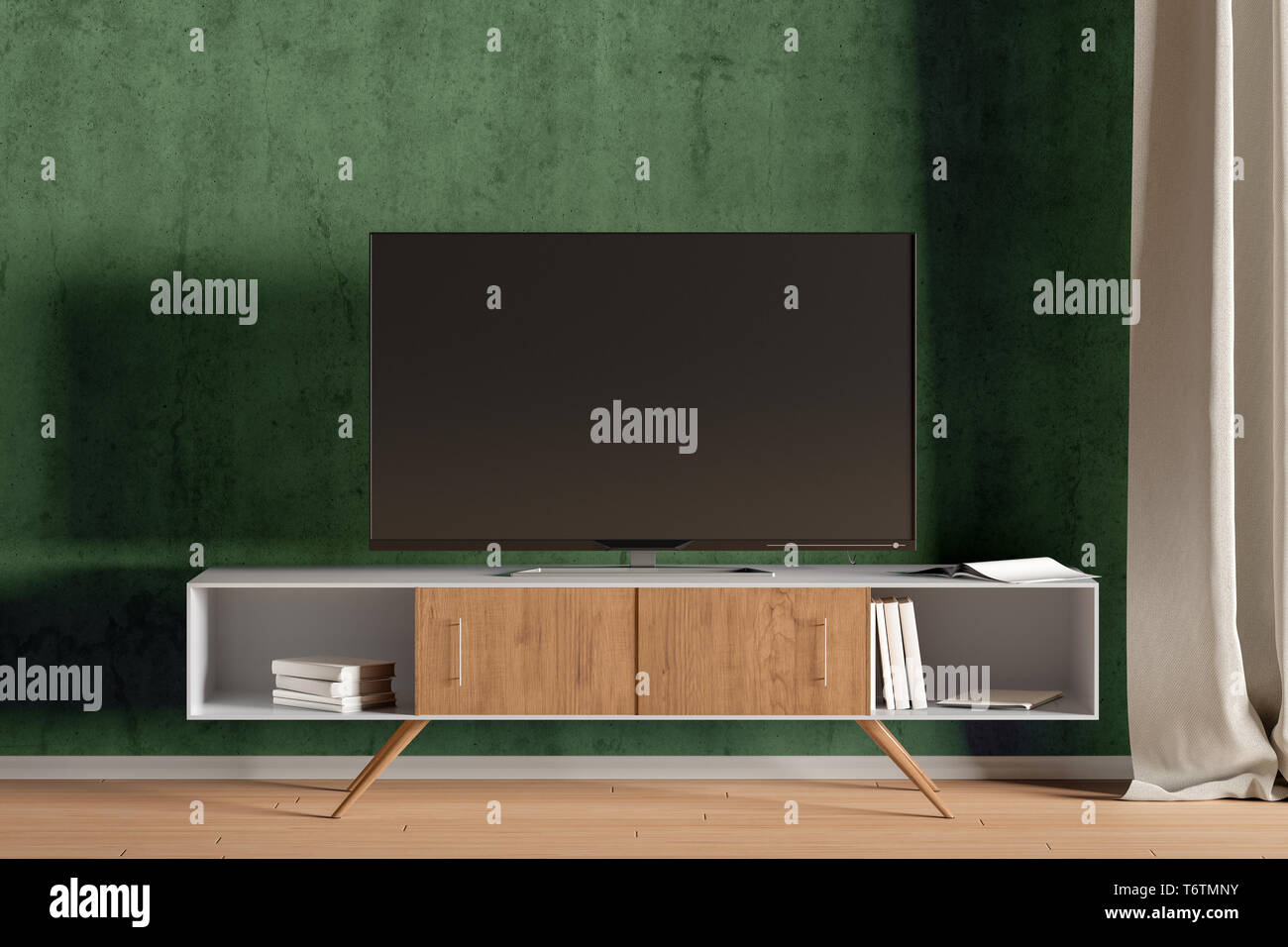TV on the cabinet in modern living room on green wall background Stock ...