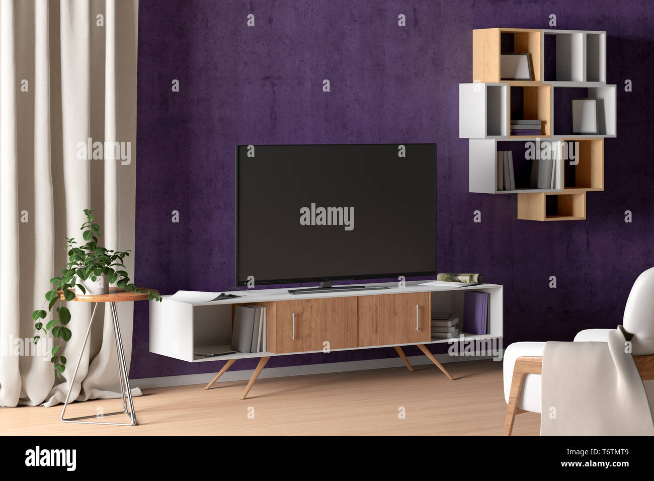 TV on the cabinet in modern living room on purple wall background. 3d  illustration Stock Photo - Alamy