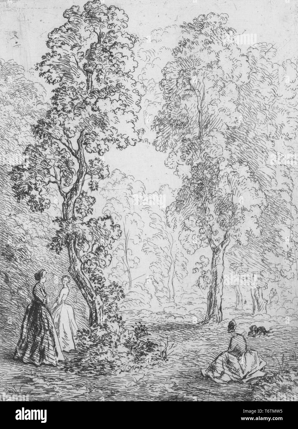Black and white etching depicting a lightly wooded or forested area, populated with three female figures wearing Victorian dresses, one seated in the right foreground, and two more standing in profile at left; titled 'Essai d'Eau-Forte' (Etching Test); numbered and signed by the illustrator Felix Bracquemond, 1867. From the New York Public Library. () Stock Photo