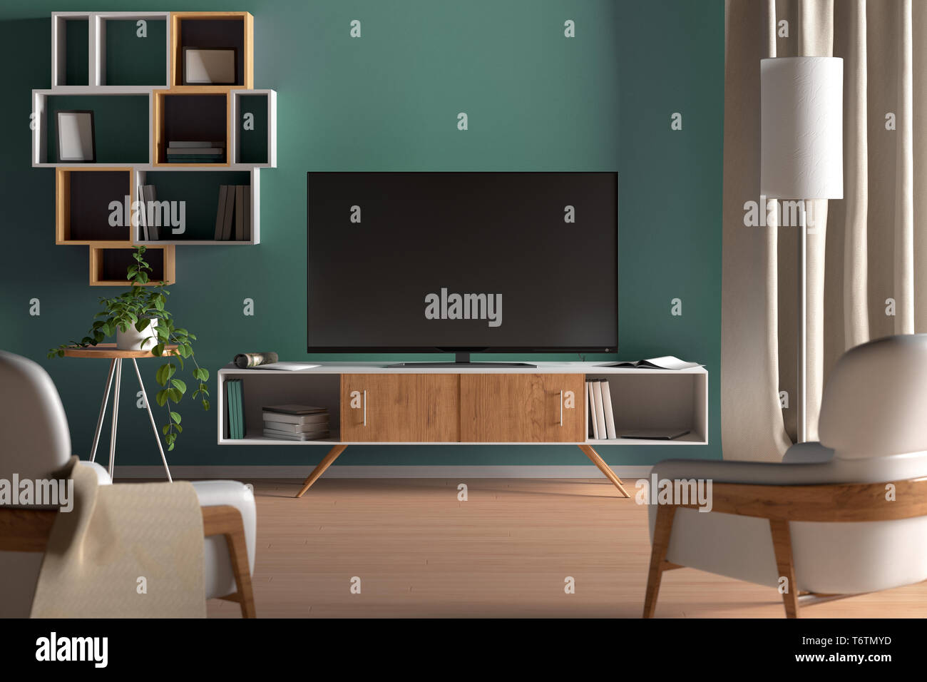 Tv On The Cabinet In Modern Living Room On Turquoise Wall Background 3d Illustration Stock Photo Alamy
