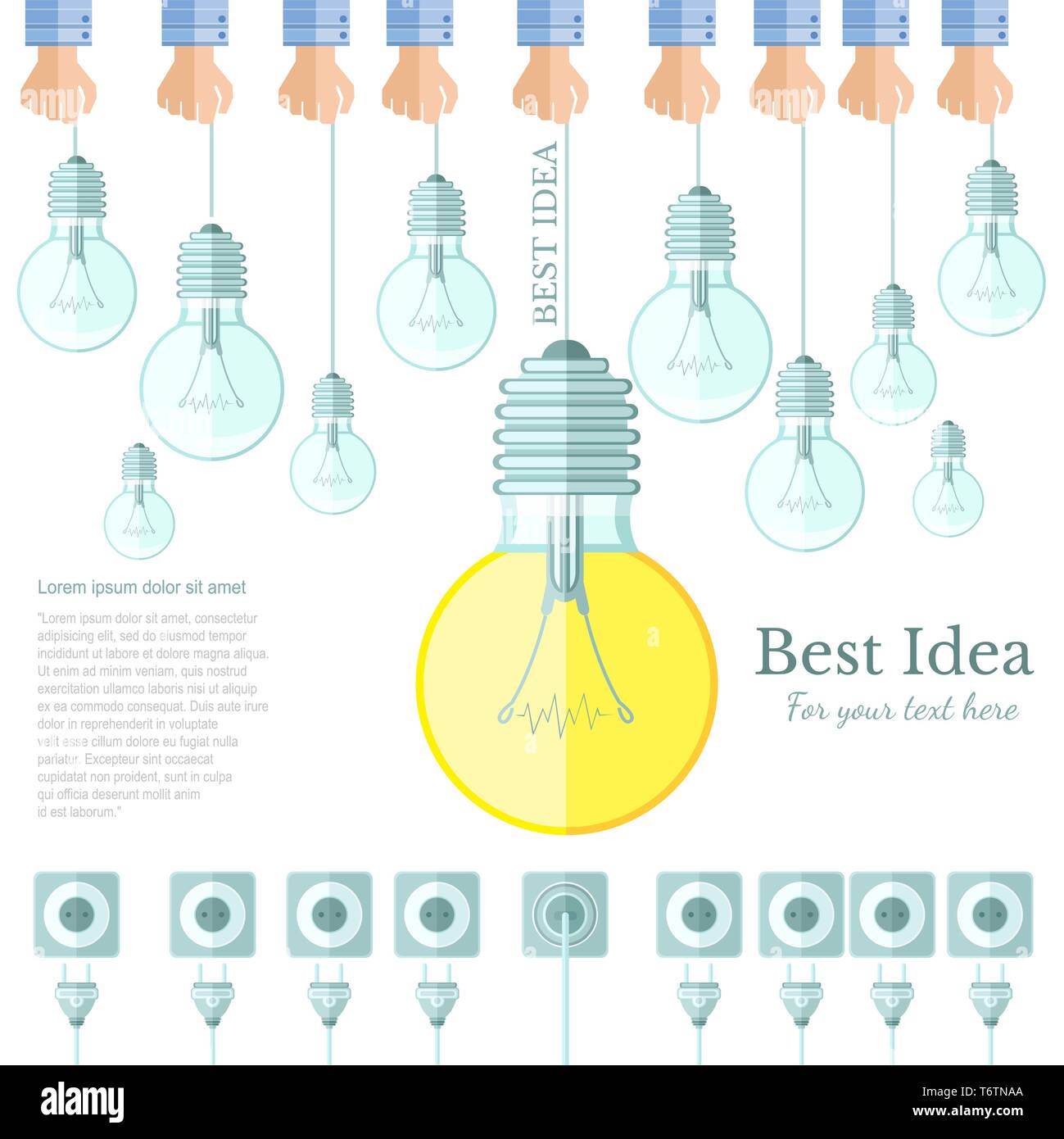 many lamp or lightbulb light off and only one light on with plug and socket Idea flat background